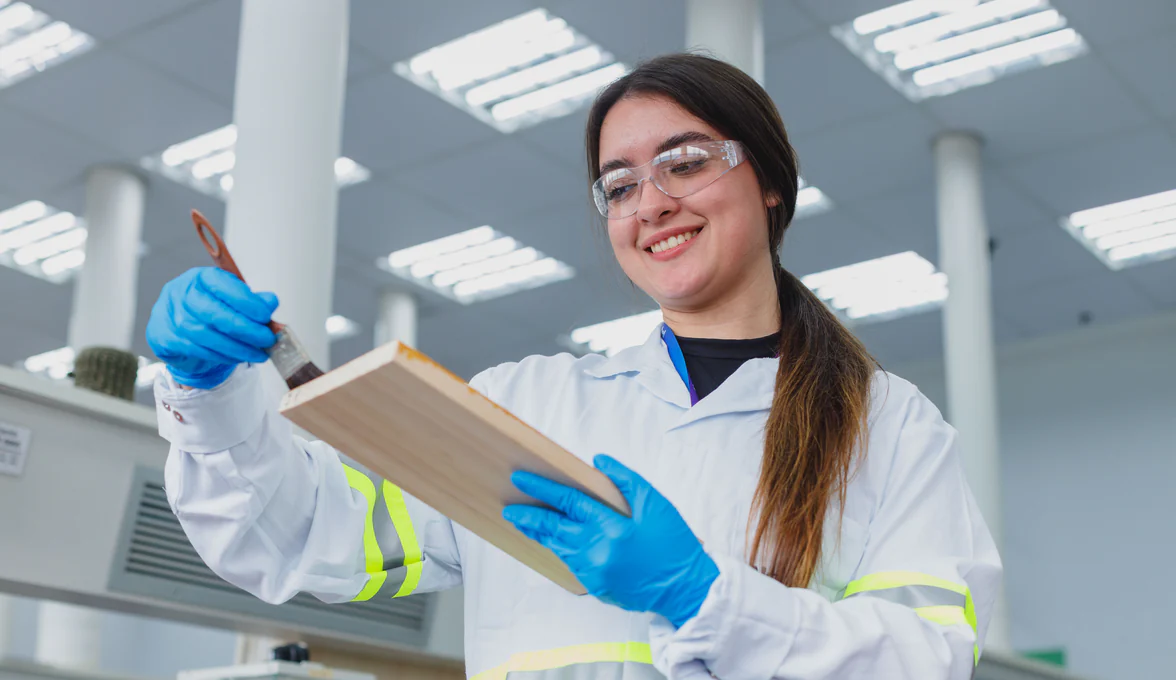 Pesquisadora de jaleco e óculos de proteção sorrindo enquanto aplica tinta com pincel em uma amostra de madeira no laboratório